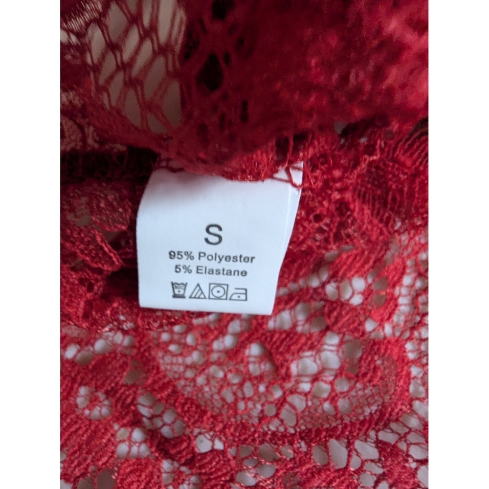 Sheer Lace Halter Teddy Bodysuit Deep V‎ Neck Red Ribbon Tie Size S - Picture 3 of 10